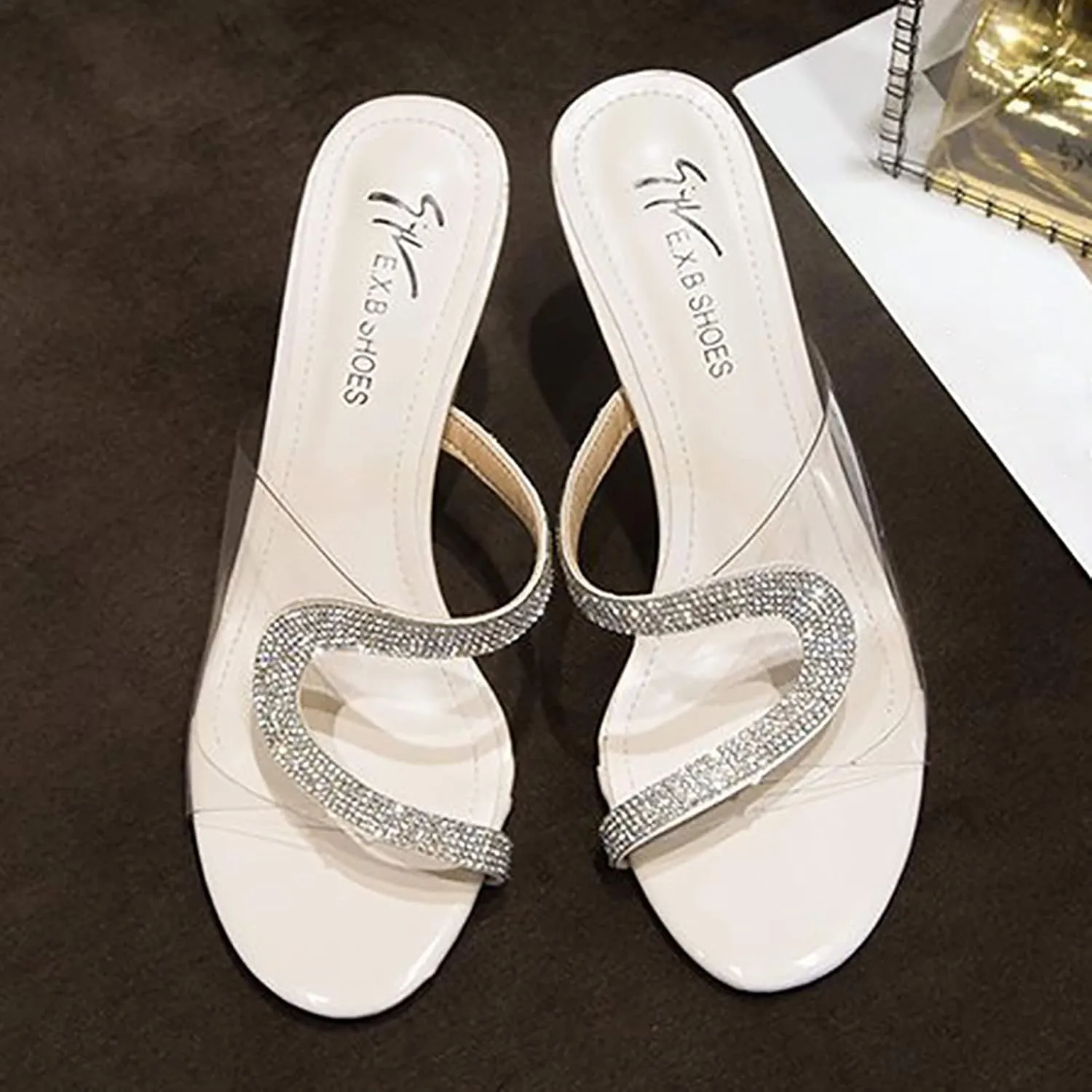 ZSpzx Rhinestone Sandals For Women Dressy,Women's Heeled Transparent Open Toe Slip on Slides Sandal Fish Mouth Slippers Stiletto High Sexy Block Heels Dress Shoes for Party,Wedding,and Vacation