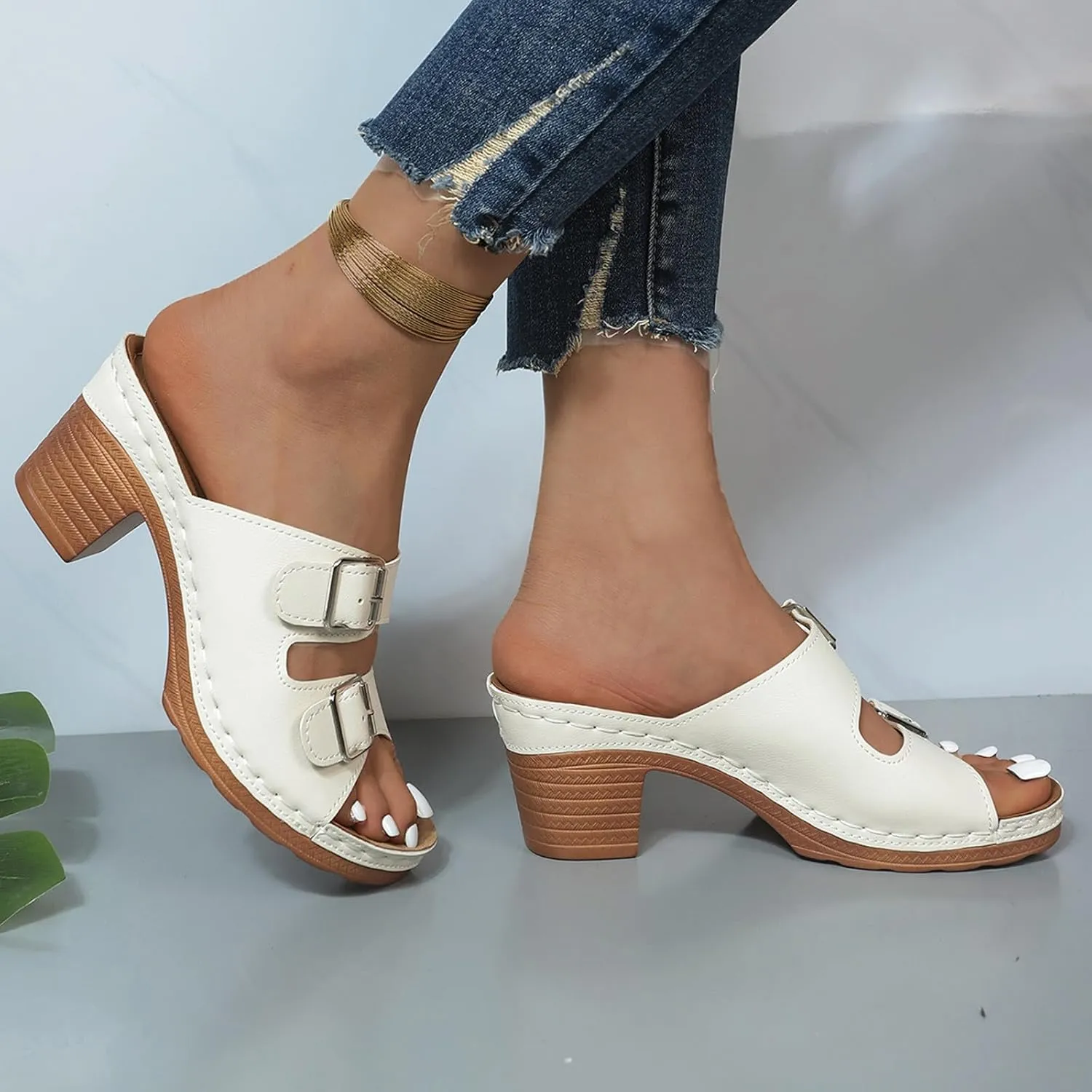 ZSpzx Women's Heeled Sandals Two Strap Open Toe Mid Ankle Sandal Adjustable Comfortable Casual Slippers Low Block Chunky Heels Slip On Womens Summer Backless Mules Slide Walking Fisherman Shoes