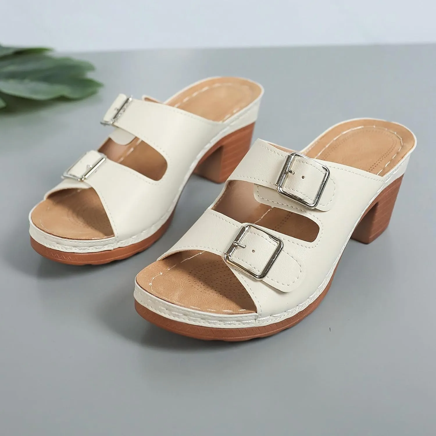 ZSpzx Women's Heeled Sandals Two Strap Open Toe Mid Ankle Sandal Adjustable Comfortable Casual Slippers Low Block Chunky Heels Slip On Womens Summer Backless Mules Slide Walking Fisherman Shoes