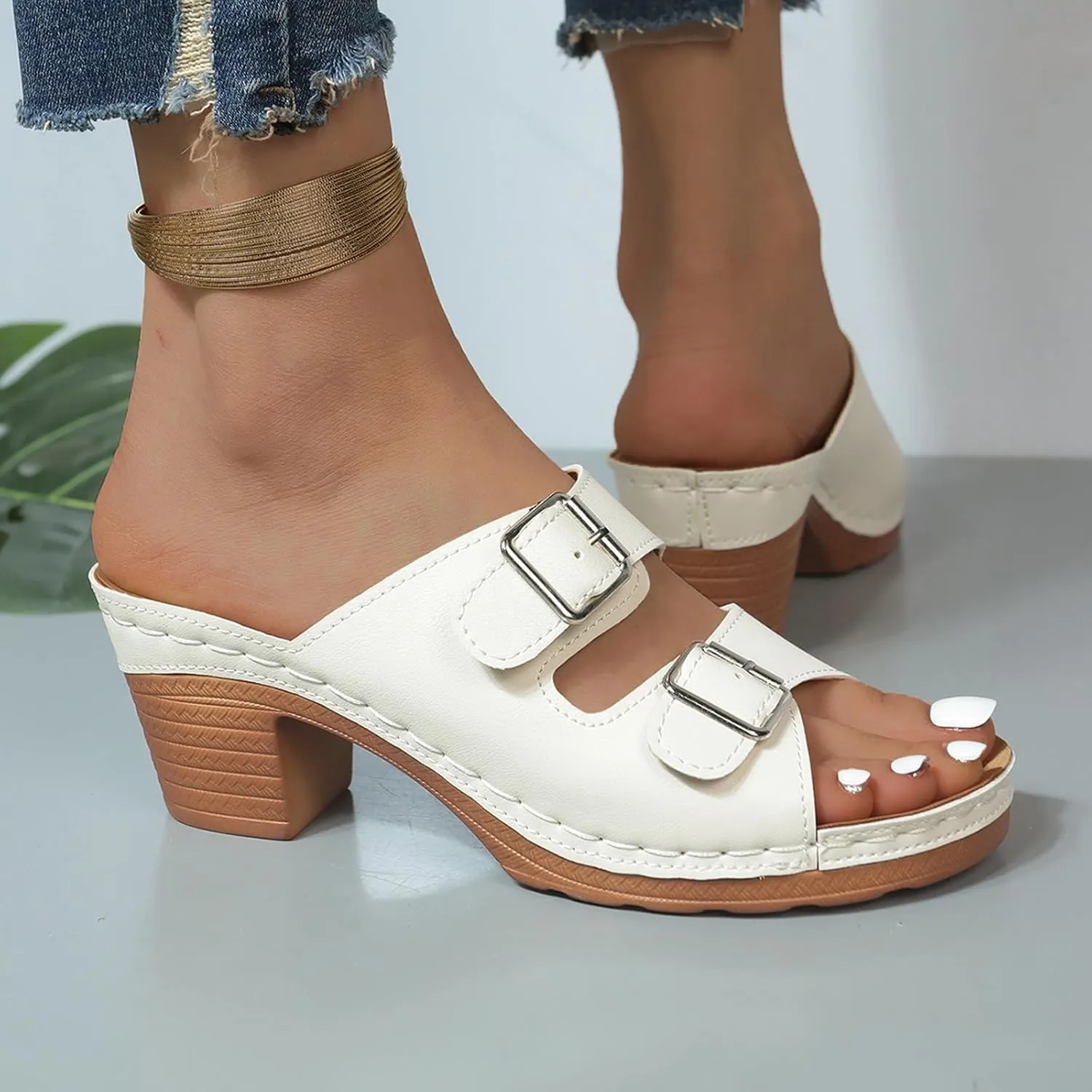 ZSpzx Women's Heeled Sandals Two Strap Open Toe Mid Ankle Sandal Adjustable Comfortable Casual Slippers Low Block Chunky Heels Slip On Womens Summer Backless Mules Slide Walking Fisherman Shoes