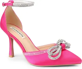 Zzheels Women's Wedding Heels Sparkly Rhinestone Stiletto Pumps Bow Heels Pointed Toe Ankle Strap High Heels Bridal Party Dress Shoes